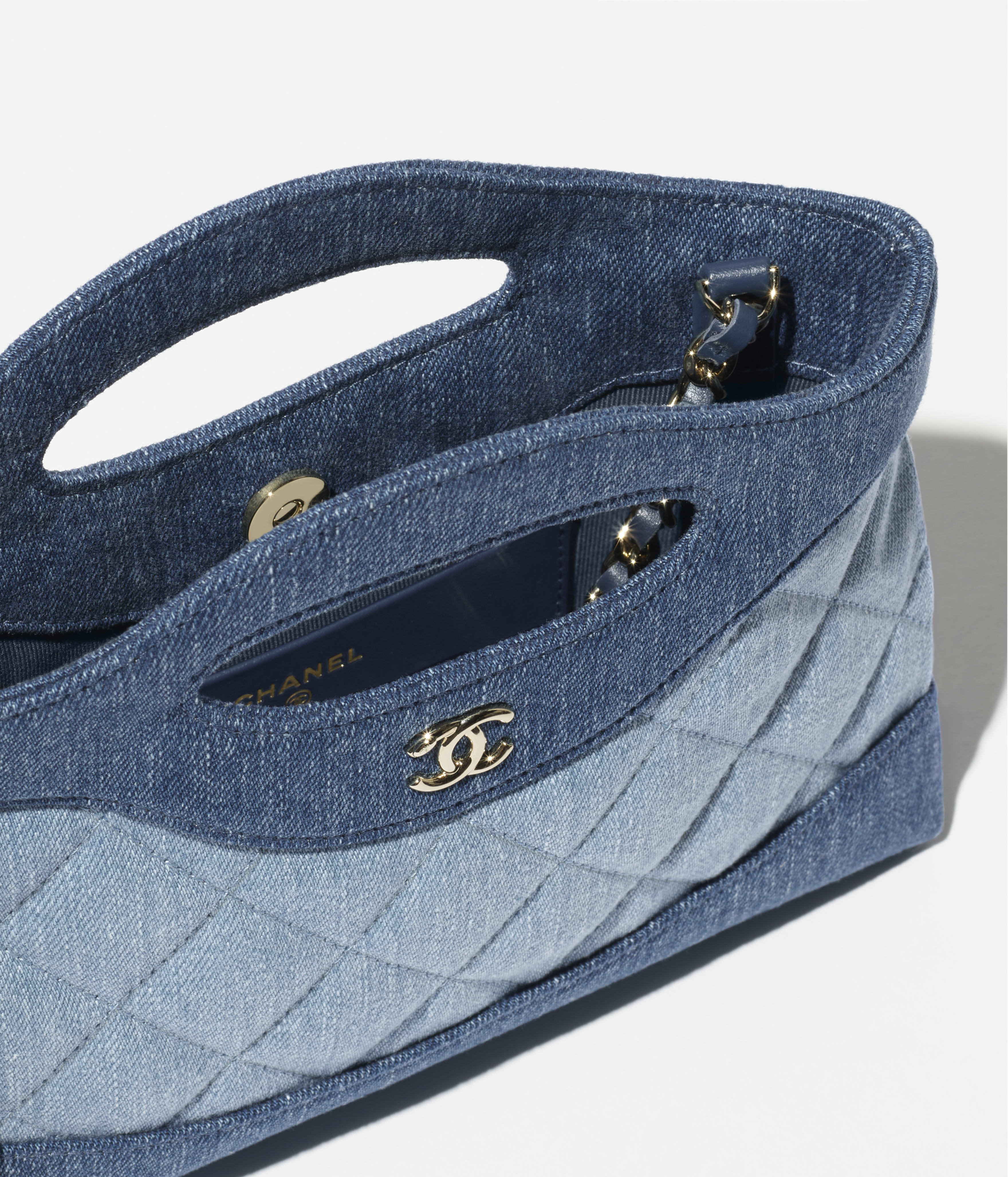 チェーン クラッチ - ウォッシュド デニム、ライトブルー & ダーク