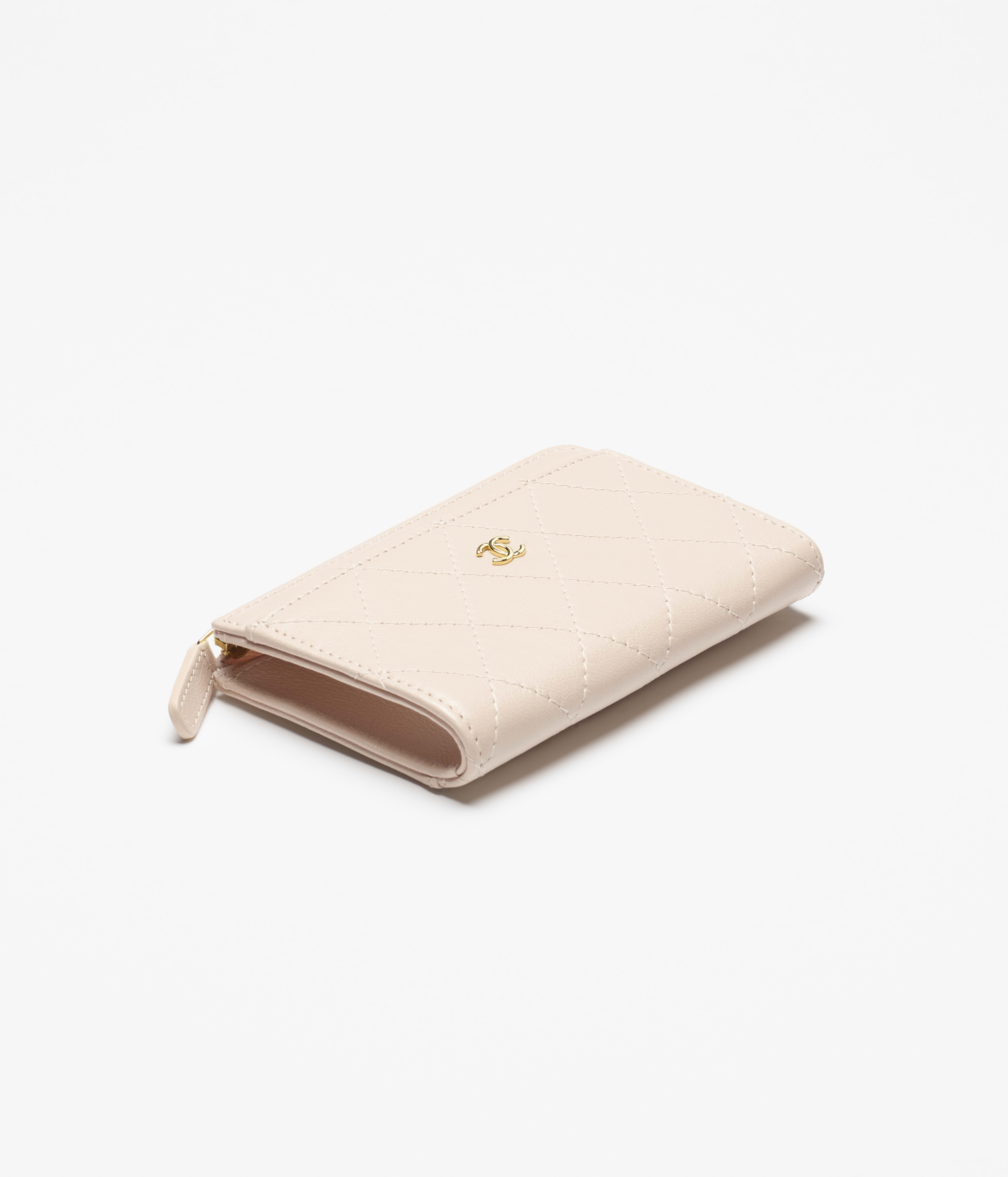 Zipped card holder - Grained goatskin & gold-tone metal, beige