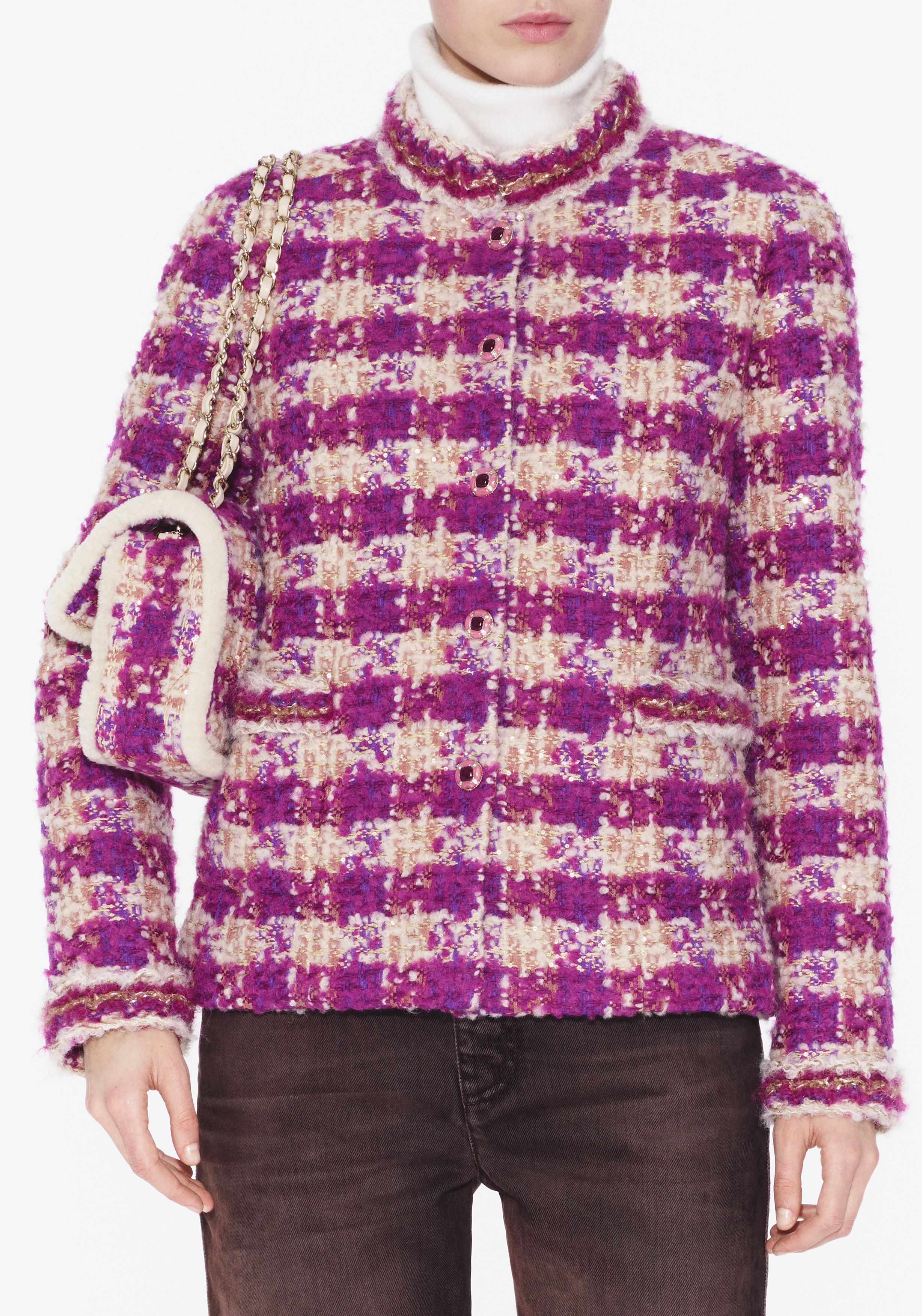 ジャケット - ウール & アルパカ ツイード、ピンク、パープル