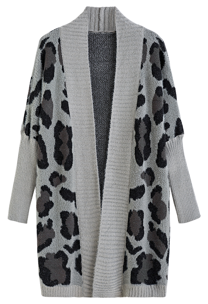 Fuzzy Leopard Batwing Sleeves Open Front Cardigan in Grey - Boho