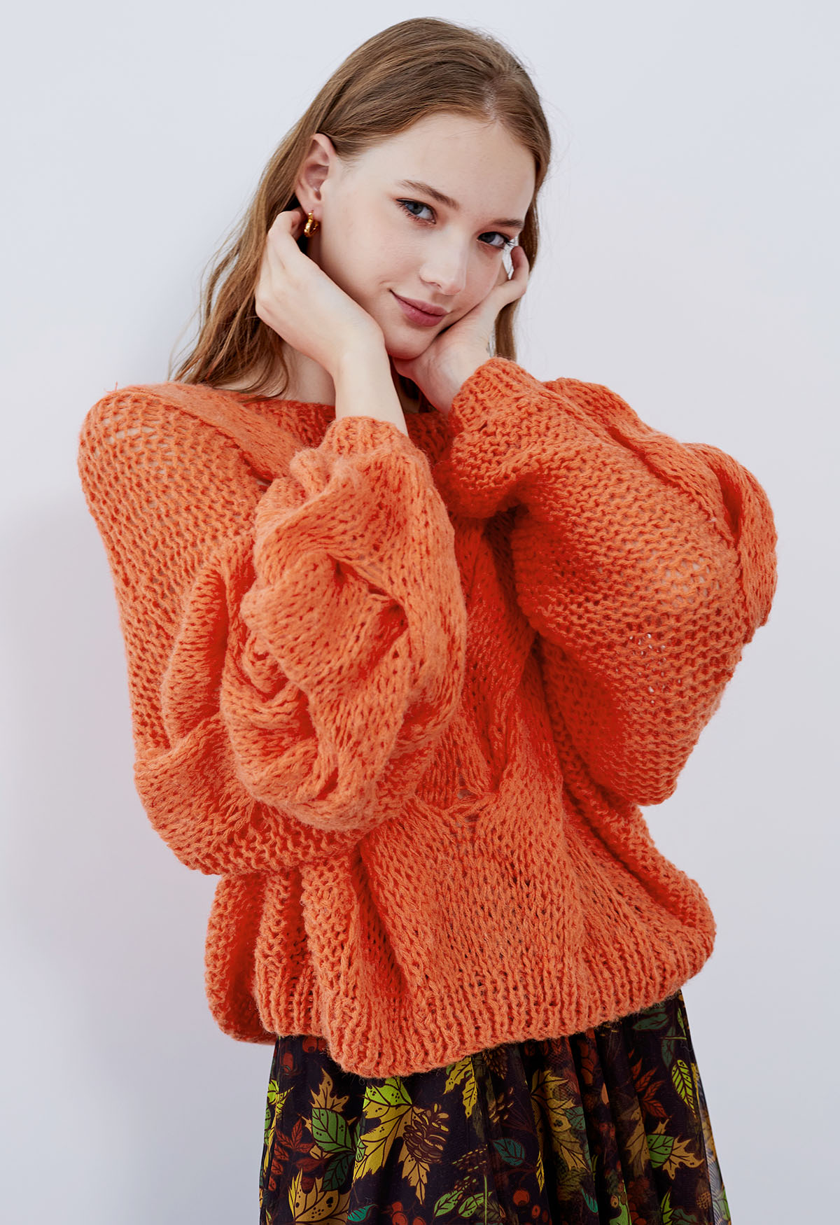 Hand-Knit Puff Sleeves Sweater in Orange - Boho Chic, Indie