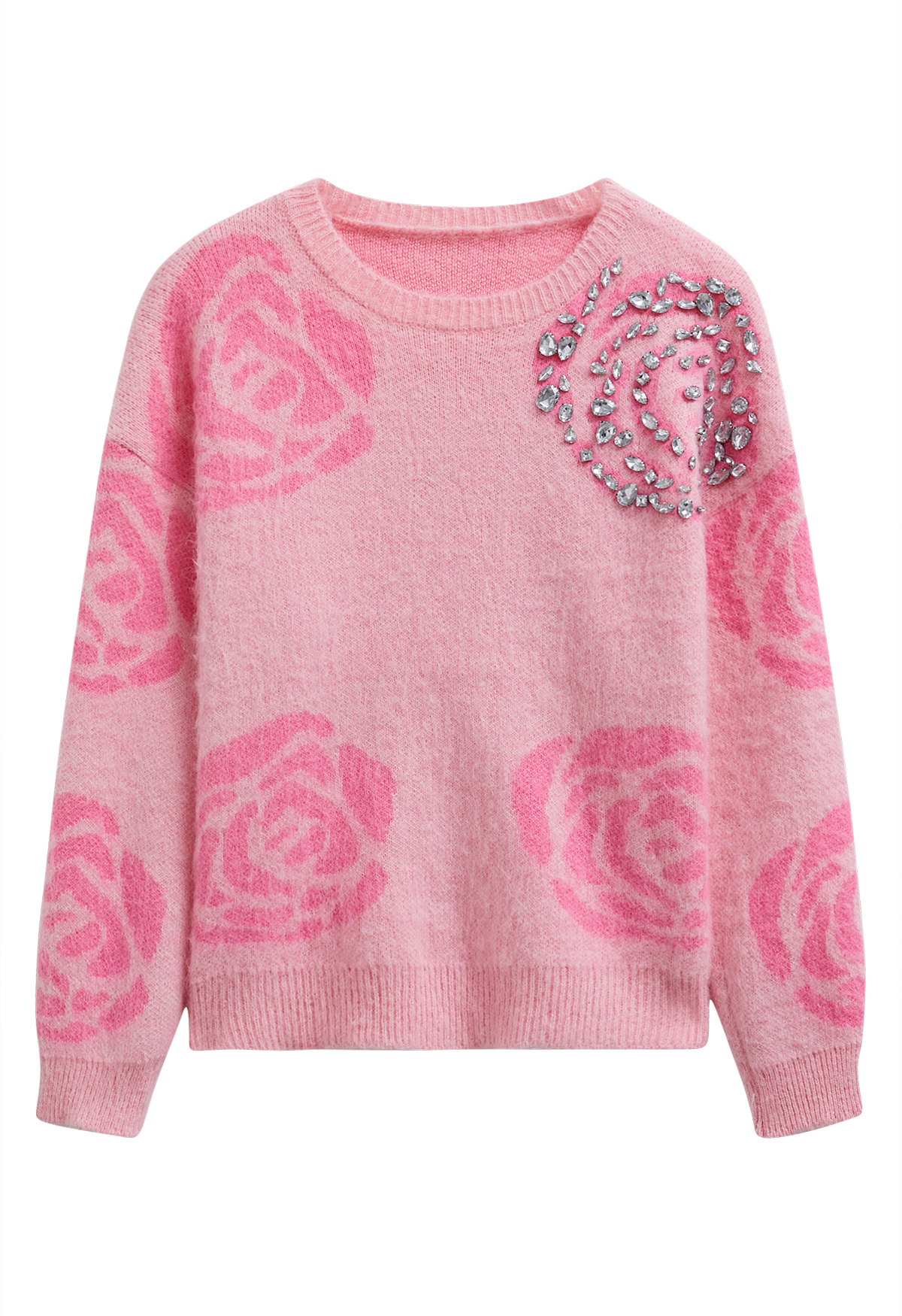 Glistening Rhinestones Rose Pattern Knit Sweater - Boho Chic