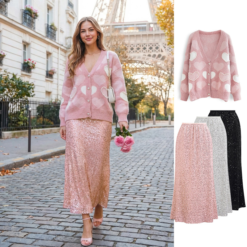 Pearly Contrast Heart Soft Fuzzy Knit Cardigan in Pink - Boho Chic