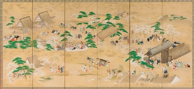 江戸時代風俗図 水墨画＆金屏風セット(175x60cm)X六曲X3枚 江戸時代