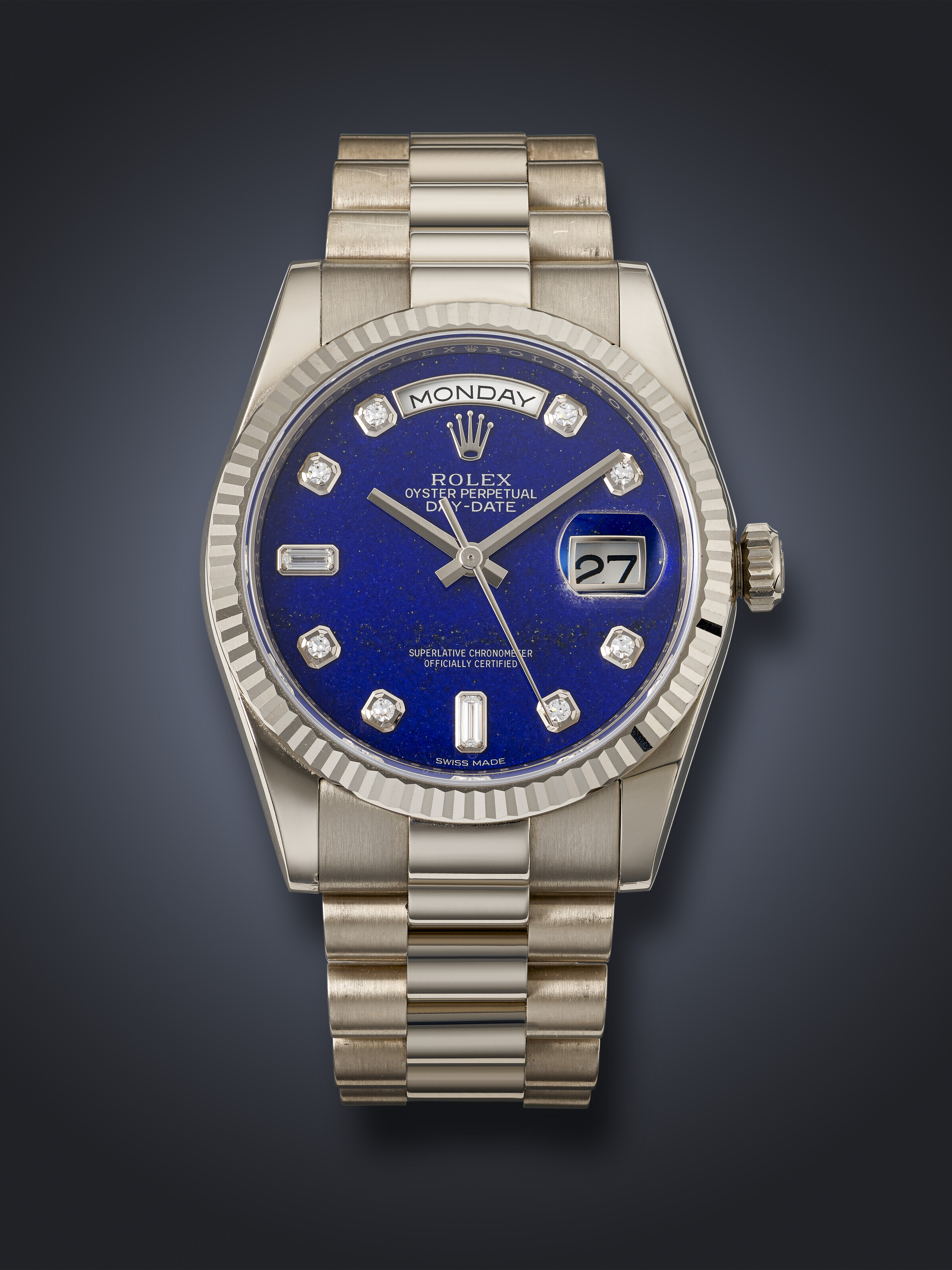 ROLEX, WHITE GOLD AND DIAMOND-SET 'DAY-DATE', WITH LAPIS LAZULI