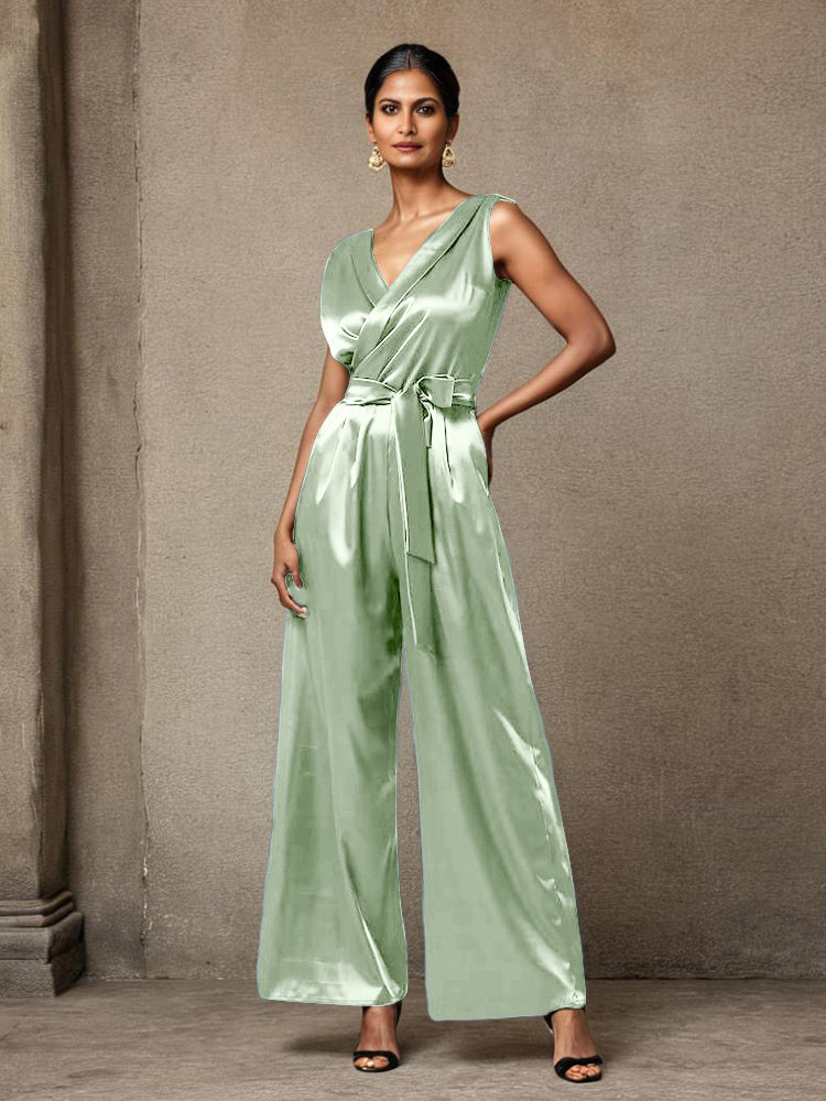 Jumpsuit V-Neck Sleeveless Ruched Soft Satin Mother Of The Bride Dress