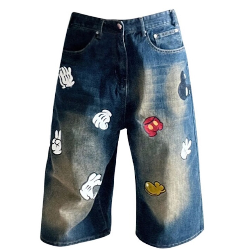 mickey mouse hand print wash 3/4 length denim pants 7分丈ハイ