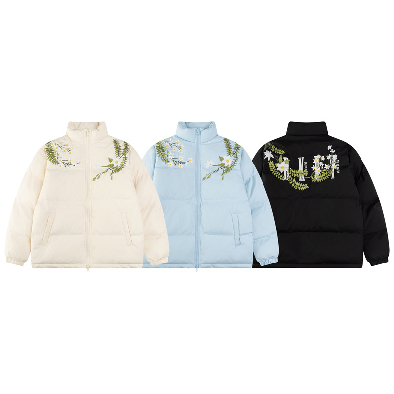 Puffer down short jacket blouson back flower embroidery ユニ
