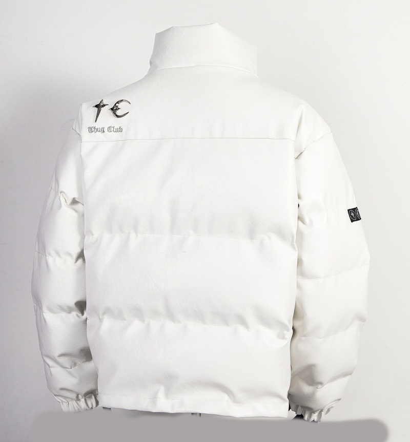 Unisex Leather Alphabet Star Moon Stand Collar Zip-Up Down Jacket