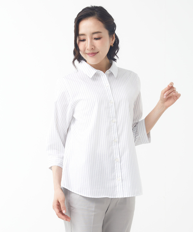 レディース ノンアイロン ストライプ柄 七分袖 ブラウス【シワになり
