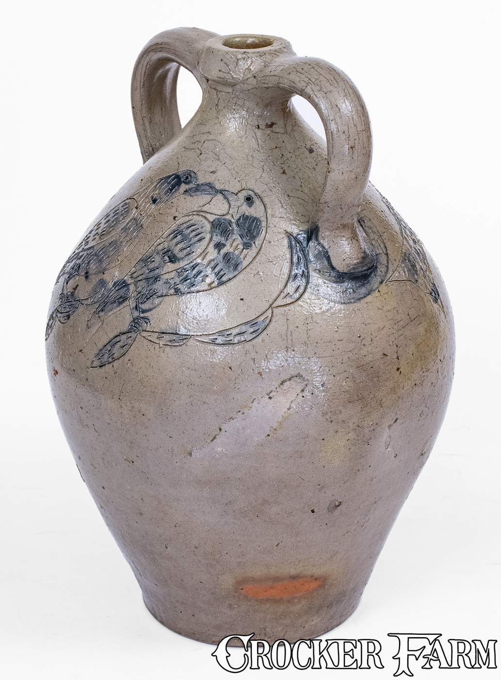 Exceptional Double-Handled Ohio Stoneware Jug w/ Incised Fish and