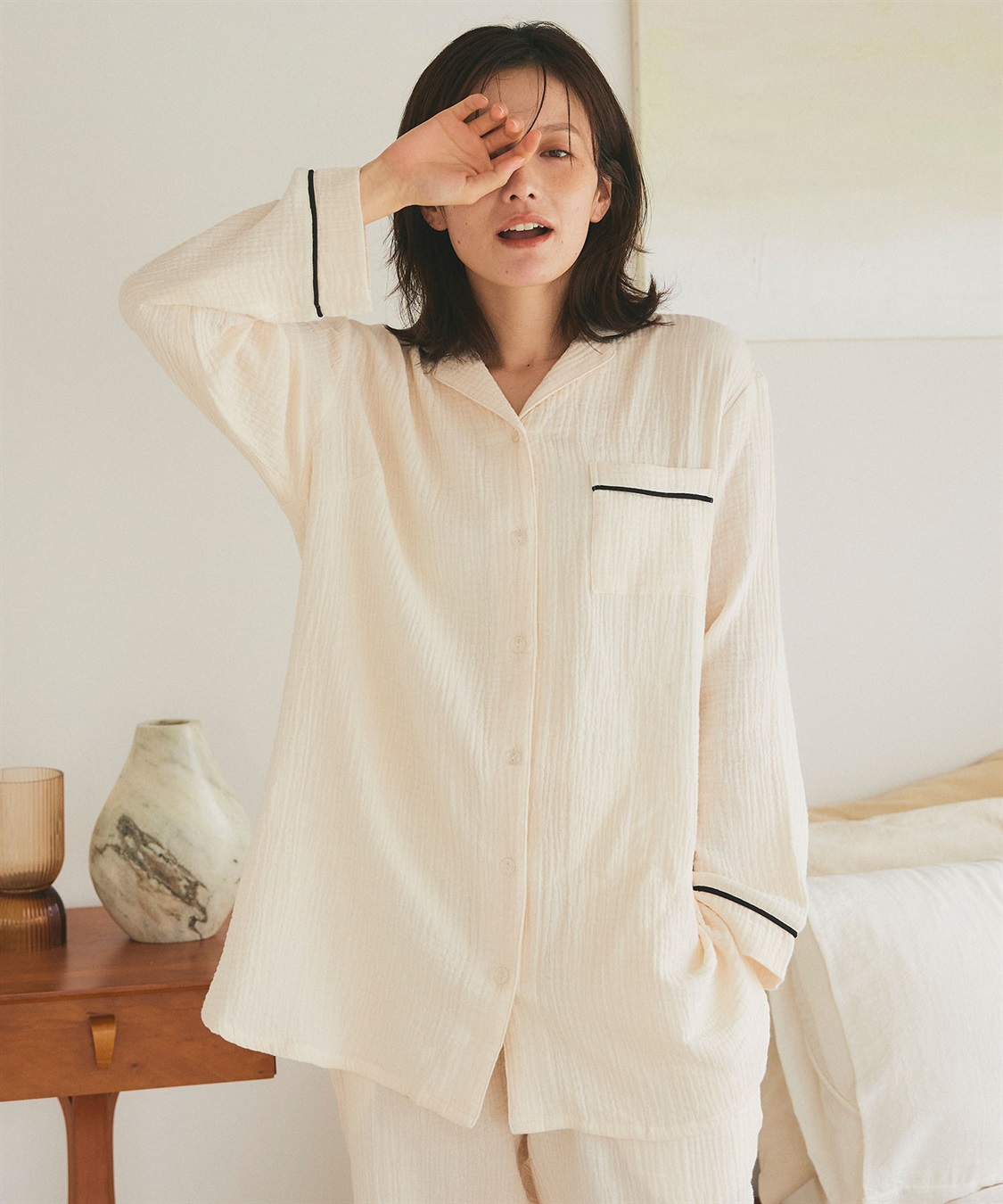 LAFUKU/ラフク】パイピングデザインダブルガーゼパジャマ綿100％《上下