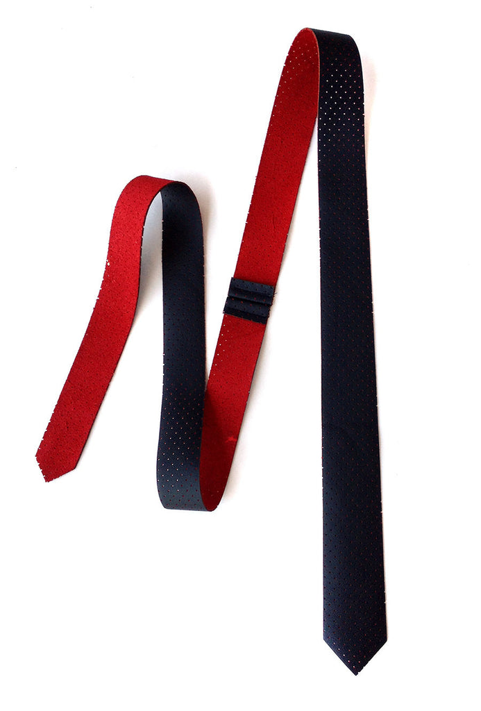 Perforated Black & Red Leather Necktie. Red backed automotive
