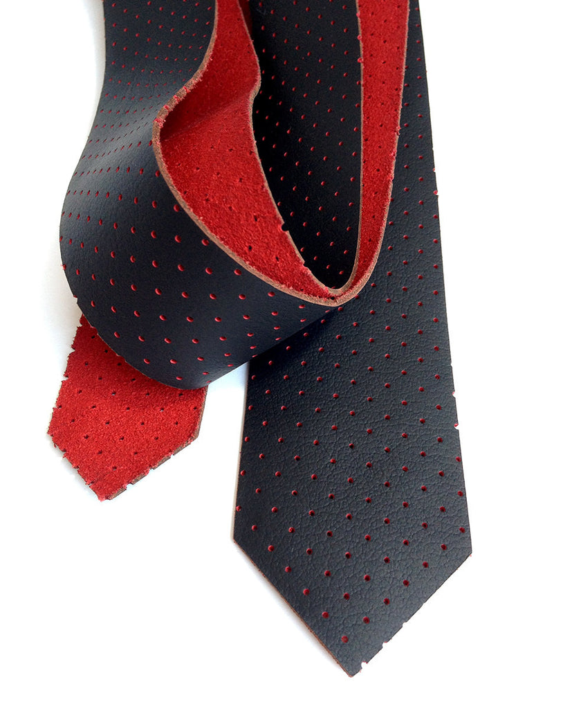 Perforated Black & Red Leather Necktie. Red backed automotive