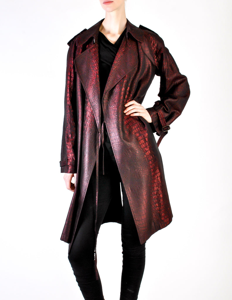 Jean Paul Gaultier Vintage Metallic Maroon Alligator Print Trench