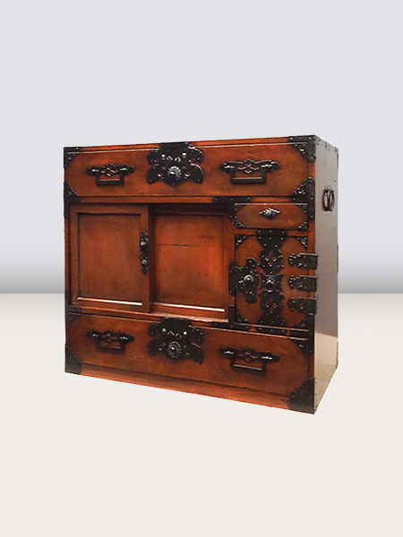 昭和レトロ 木製 葡萄柄 折りたたみ文机 テーブル 箪笥 小箪笥 3段 小物入れ 仙台箪笥 片開小箪笥 KM-3D 木地呂漆塗り｜和モダン・