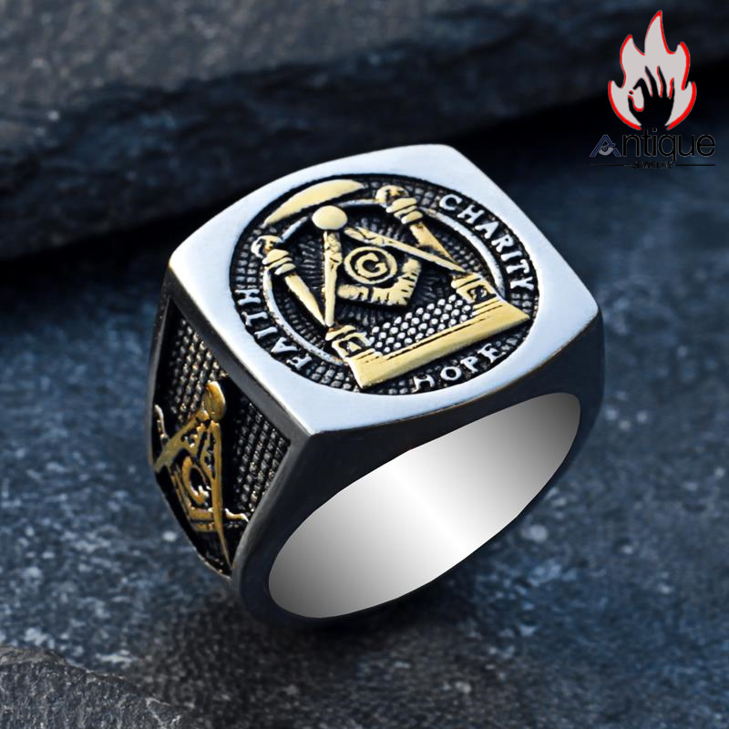 Antique Jewelry レトロなフリーメイソンリング、男性向け個性的な