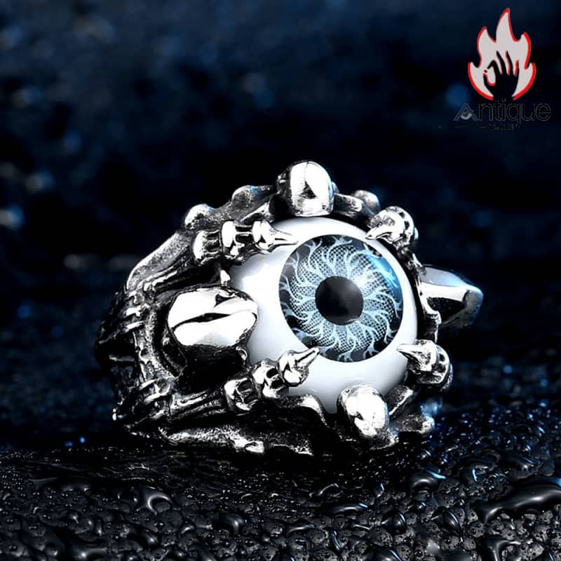Antique Jewelry パンク風男性用チタンスチール指輪、邪悪なスカル