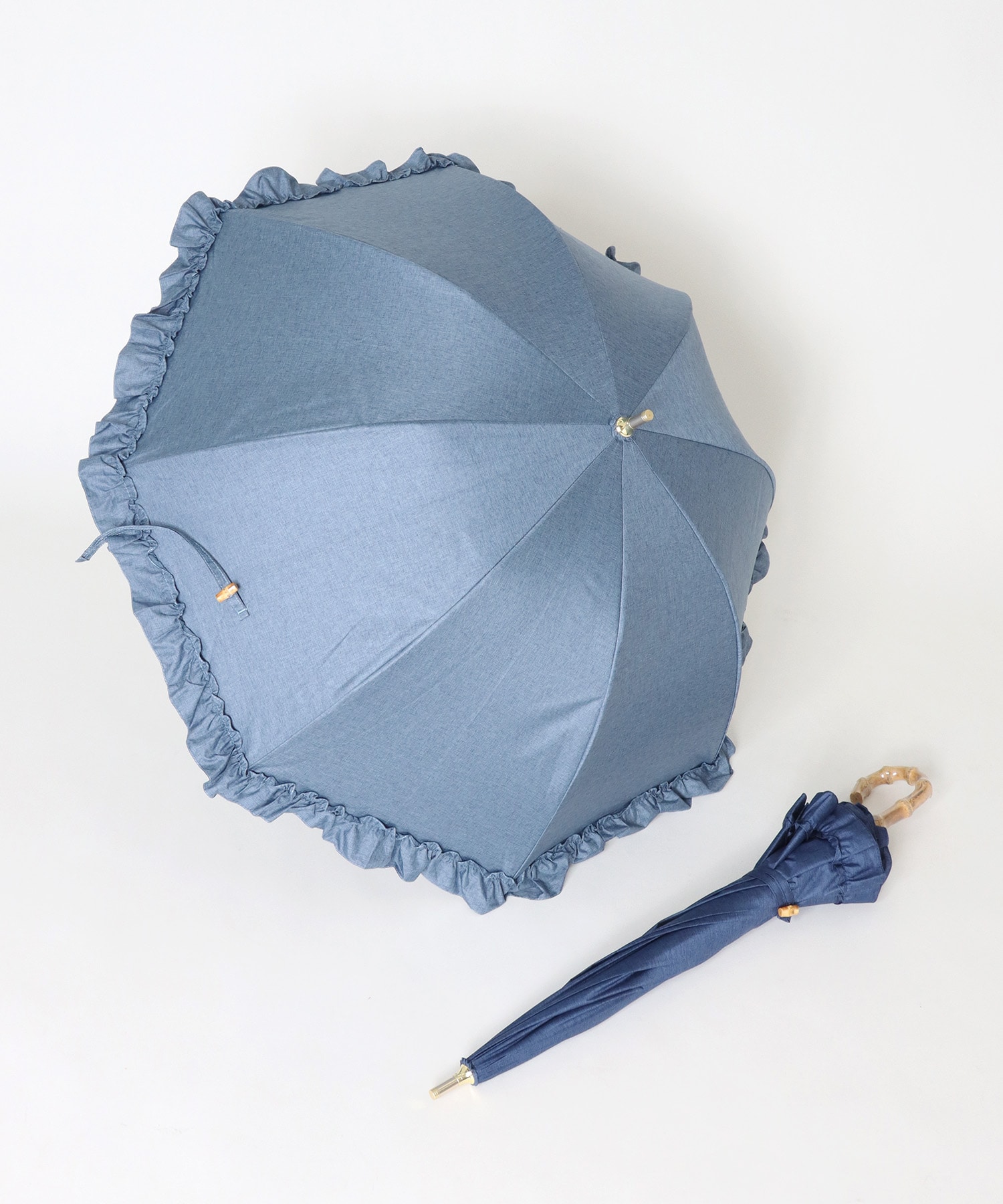 pink trick / ピンクトリック】完全遮光フリルデニム風長傘(晴雨兼用