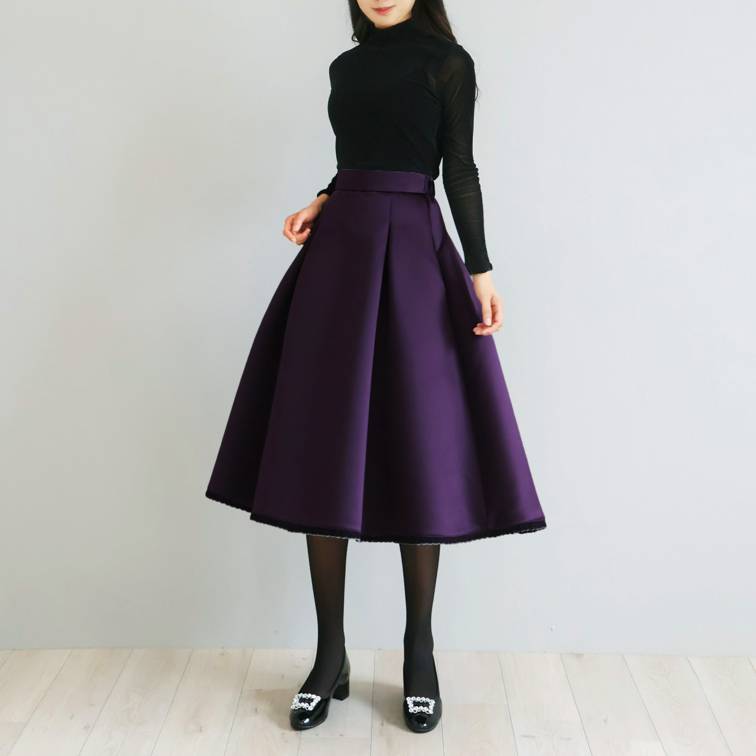 上質サテン素材 フリル付きタックフレアスカート【JM2399BE】 商品詳細