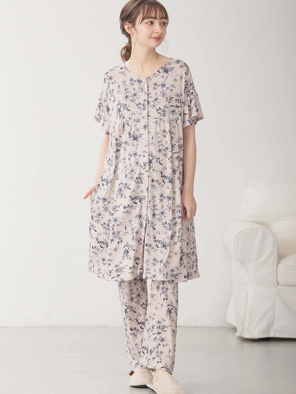 接触冷感天竺レトロ花柄フリル袖パジャマ マタニティ・授乳パジャマ
