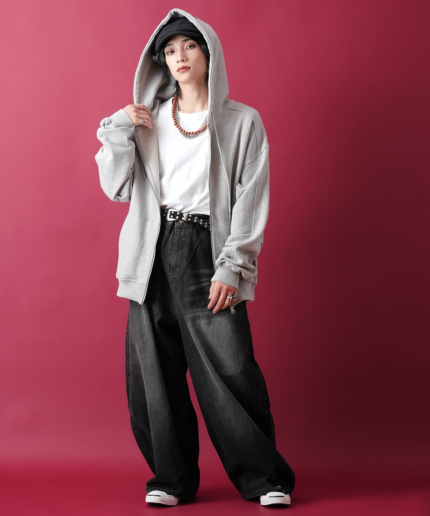 ダブルダーツドレープアームオーバーサイズスウェットジップアップ