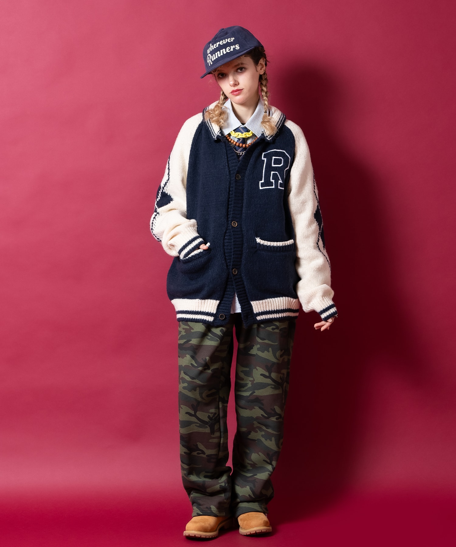 アメカジライクロゴ刺繍＆ナンバリングワッペンショールカラーニット