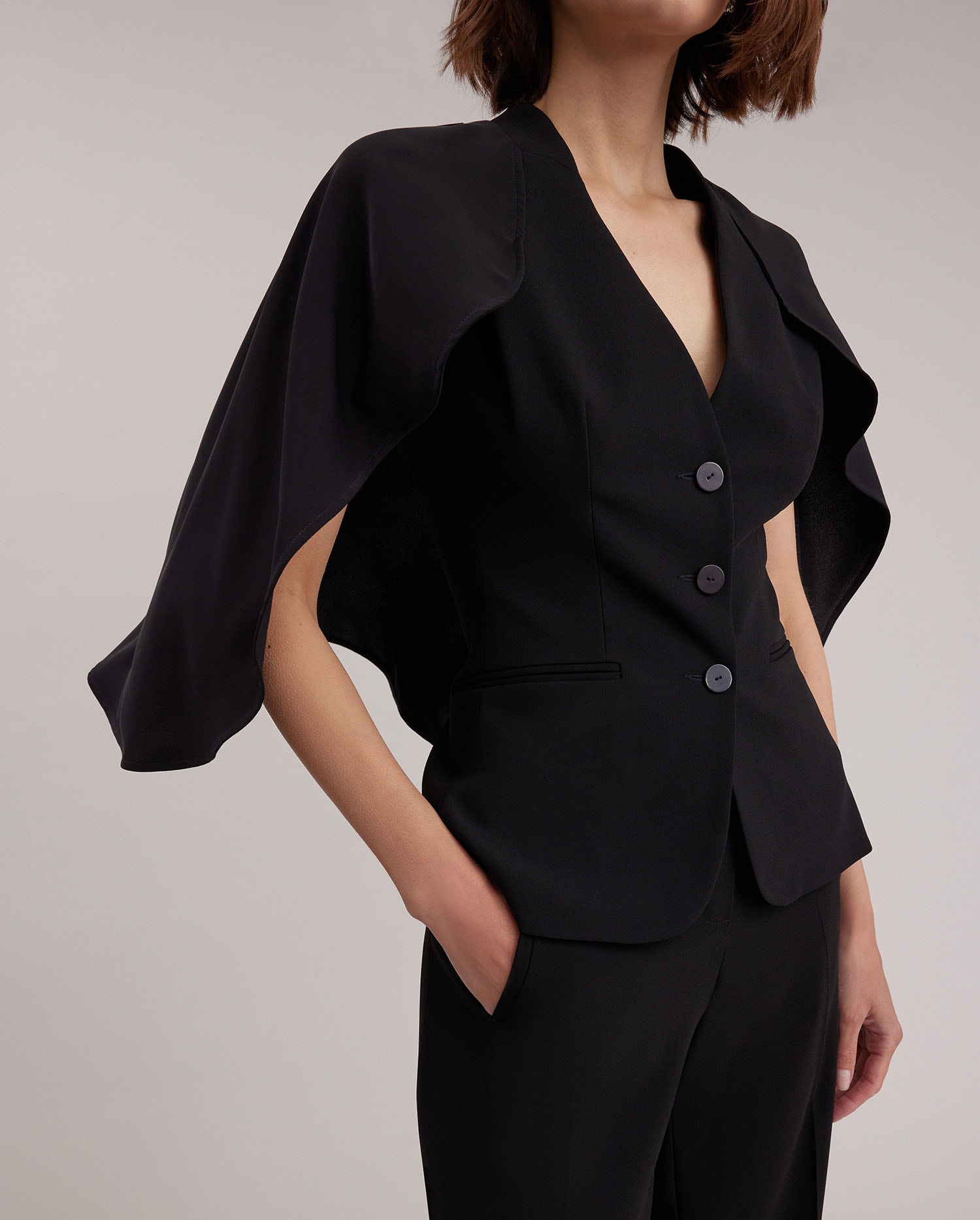 MYLIANE Black Cape Jacket in Crepe
