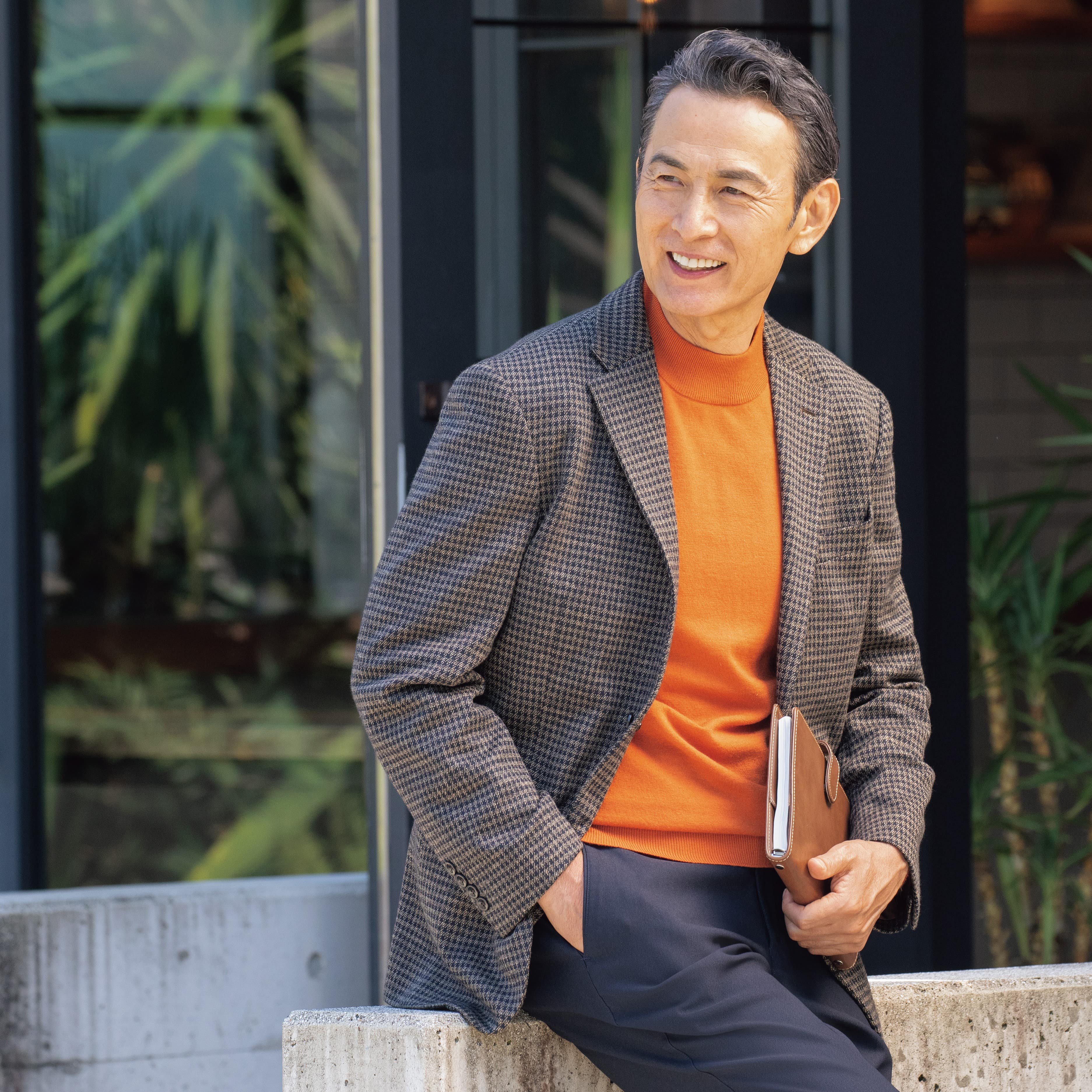 尾州ウールブレンドニットジャケット こげ茶千鳥格子柄 LES MUES【AOKI