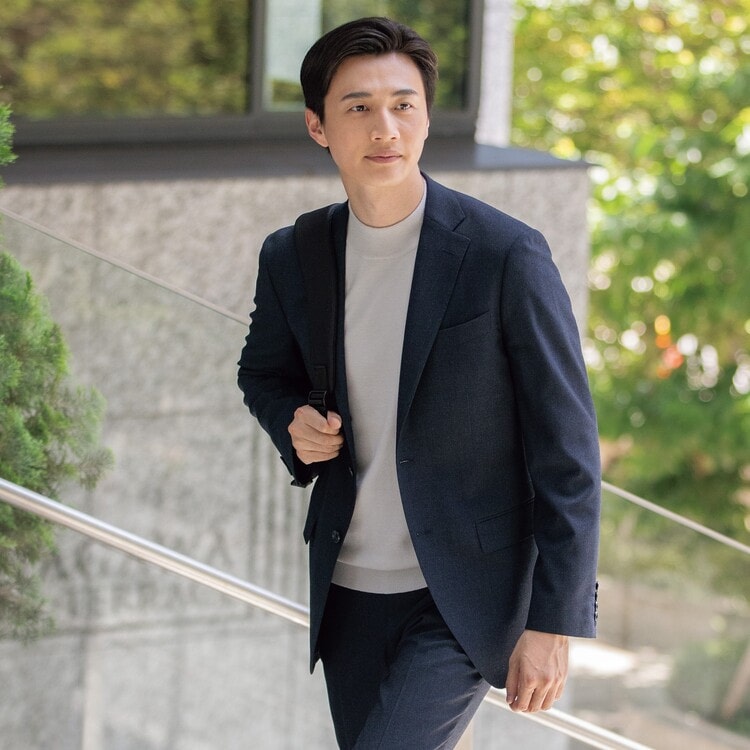 洗える タスマニアウールブレンドジャケット 紺小柄 LES MUES セット