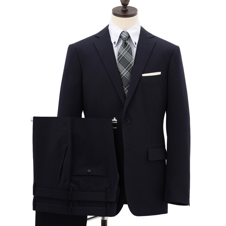 アウトレット】洗える ストレッチ 2パンツスーツ 紺ストライプ LES MUE