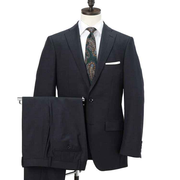 上質ストレッチスーツ 段返り3つボタン 紺グレンチェック スリム JUNKO