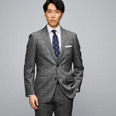 上質ストレッチスーツ 段返り3つボタン ライトグレーグレンチェック