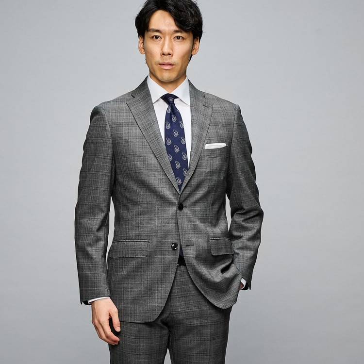 上質ストレッチスーツ 段返り3つボタン ライトグレーグレンチェック
