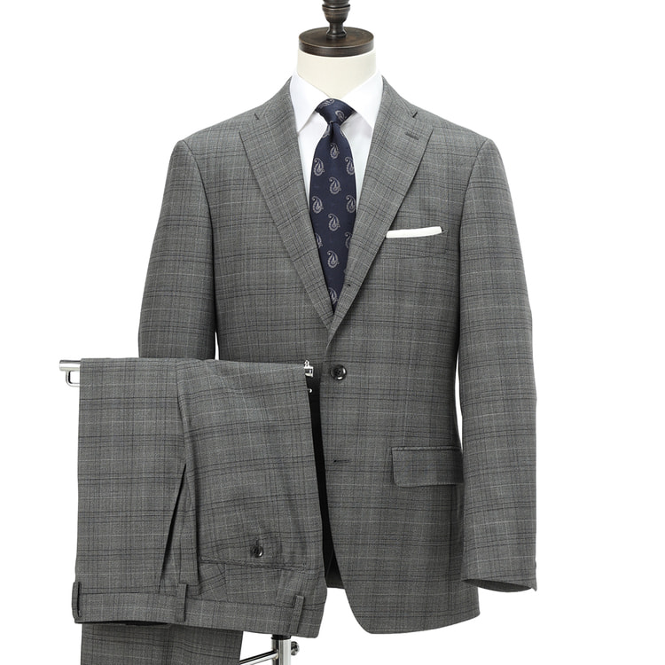 上質ストレッチスーツ 段返り3つボタン ライトグレーグレンチェック