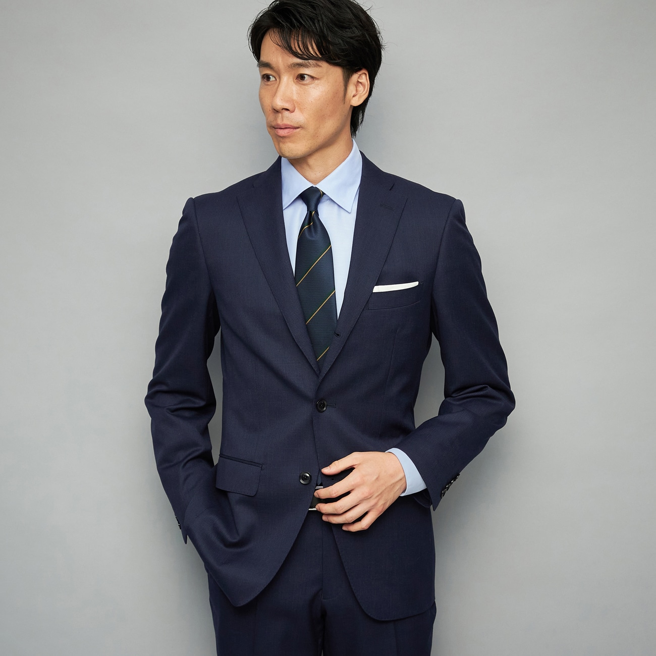 アウトレット】日本製素材 段返り3つボタンスーツ 紺千鳥格子柄 スリム