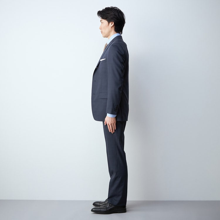 アスレチックウール 段返り3つボタン スリーピーススーツ 紺チェック
