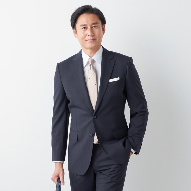 ストレッチ 洗える ウールブレンド 2パンツスーツ 紺 ストライプ LES