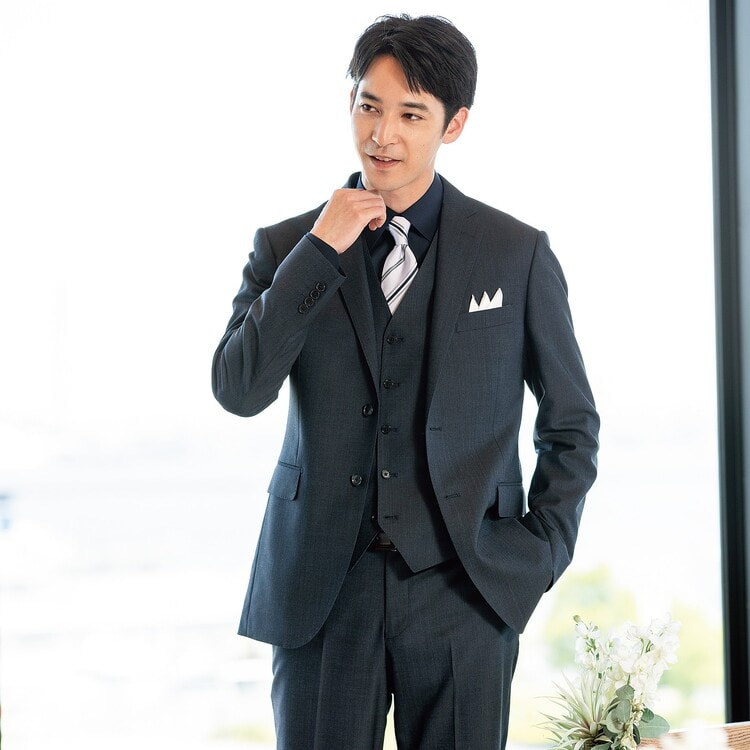 ストレッチ 洗える ウールブレンド スリーピーススーツ 紺 無地調 LES