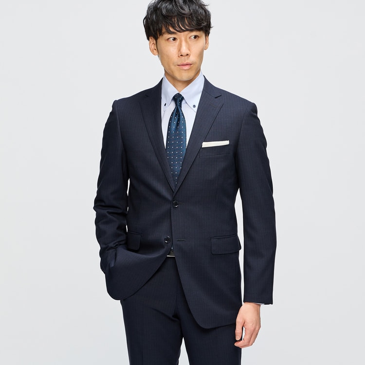 ストレッチ 洗える ウールブレンド 2パンツスーツ 紺 シャドー LES MUE