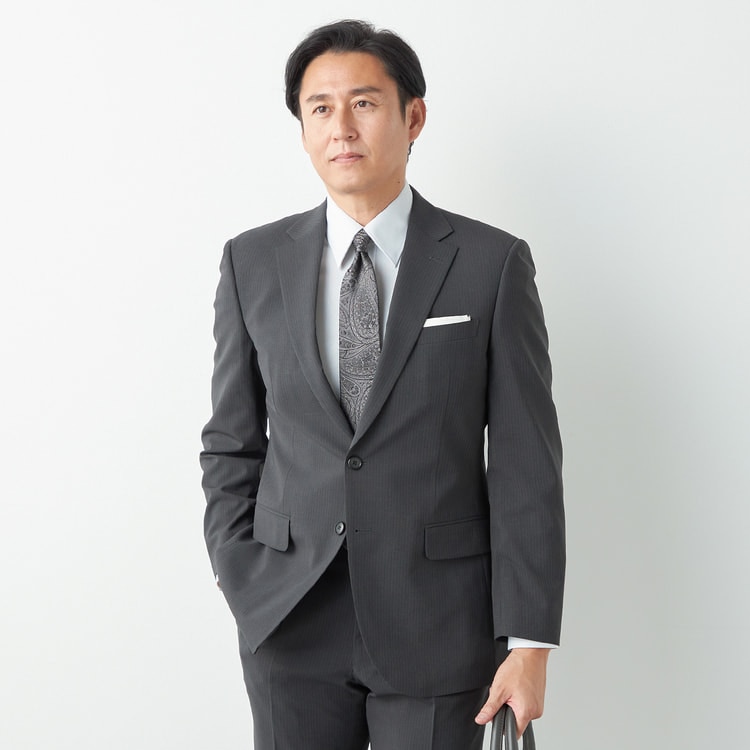 洗える ストレッチ サステナブル 2パンツスーツ グレー ストライプ