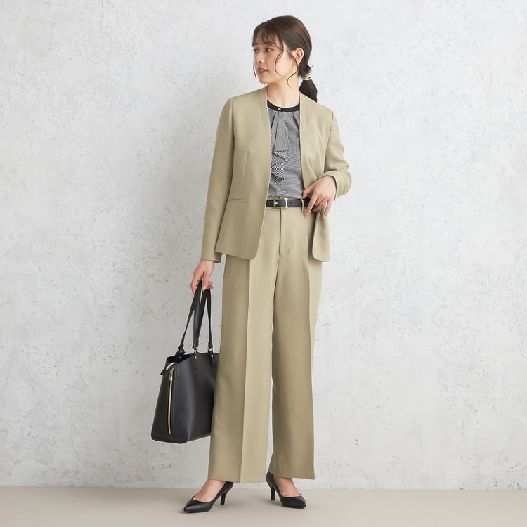 アウトレット】シャークベージュ ノーカラージャケット セットアップ