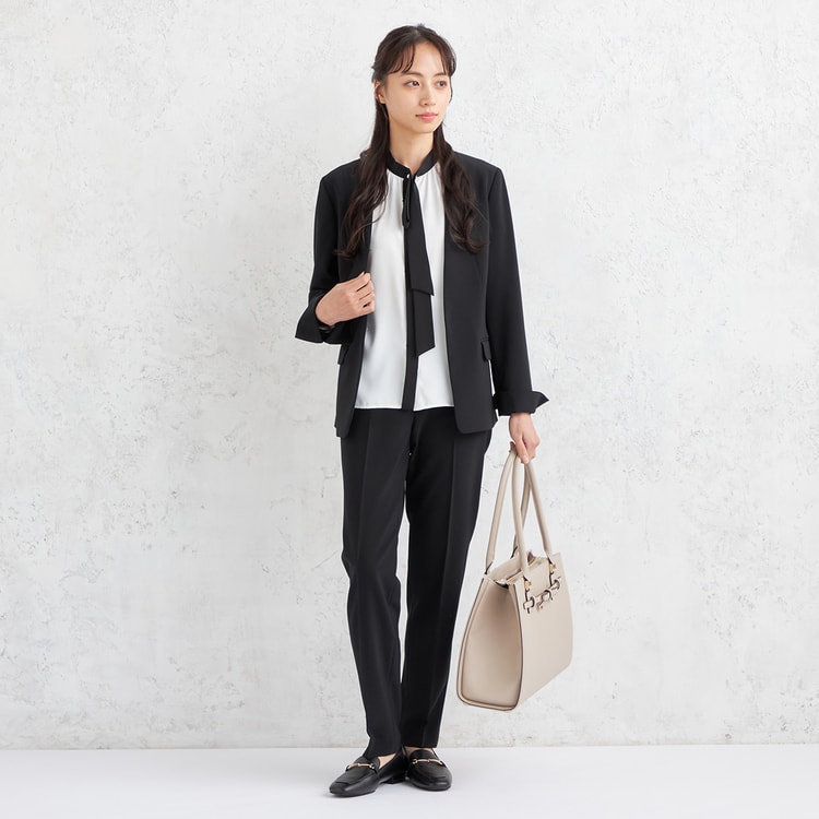 Oggiコラボ パウダリーツイル ノーカラージャケット 黒 セットアップ