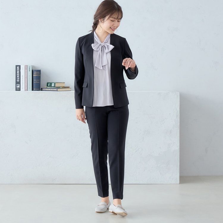 Oggiコラボ パウダリーツイル ノーカラージャケット 紺 セットアップ