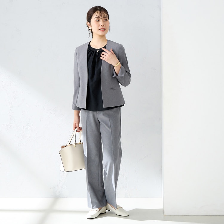 360°キレイ 2Wayストレッチノーカラージャケット グレー セットアップ