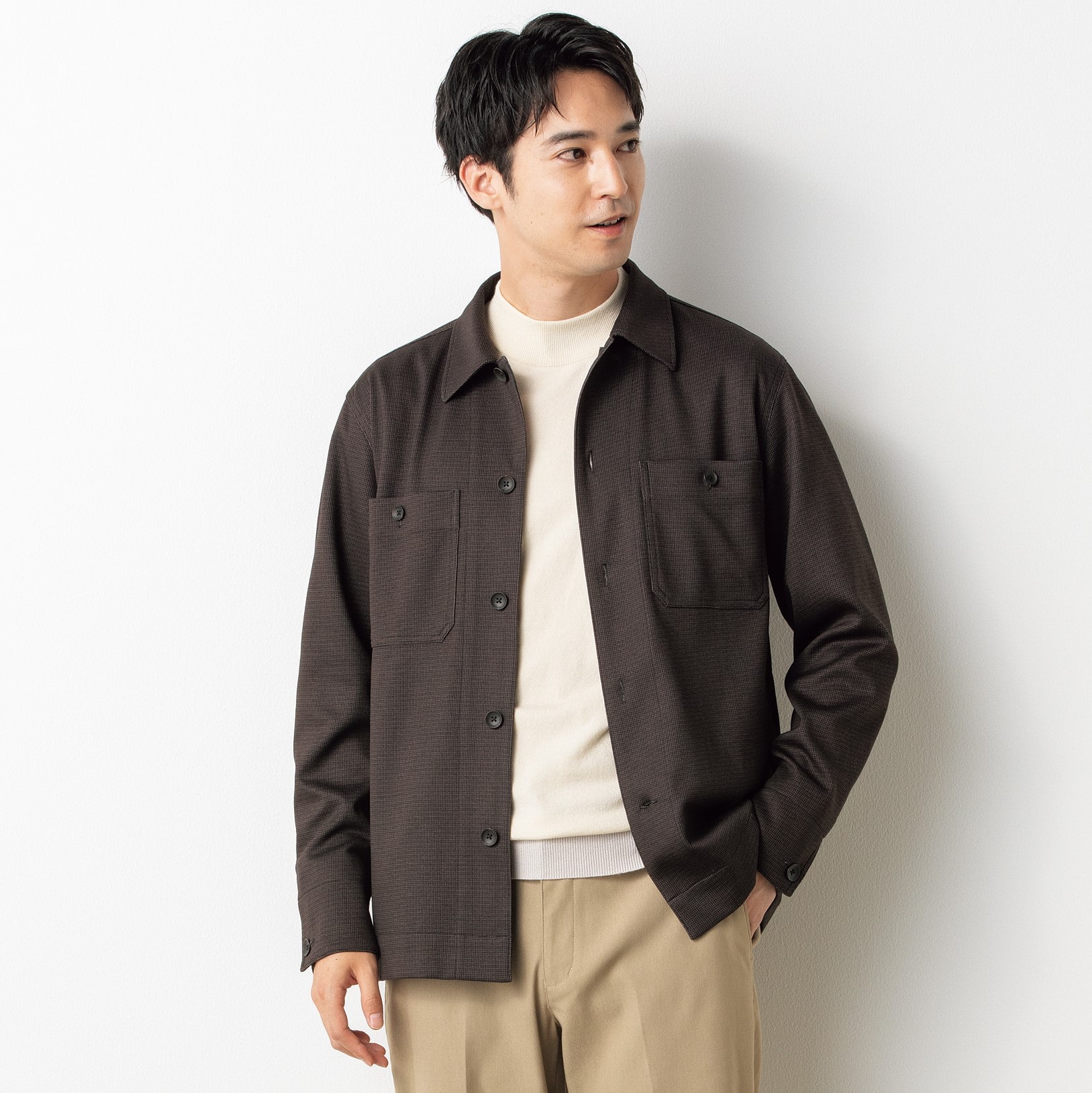 パジャマスーツ】プリントジャージー シャツアウター 茶千鳥格子