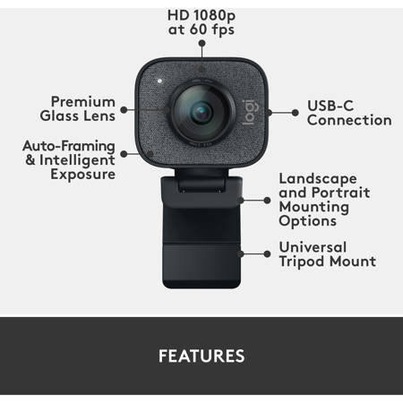 Logitech StreamCam Plus Full HD Live Streaming Webcam, Graphite