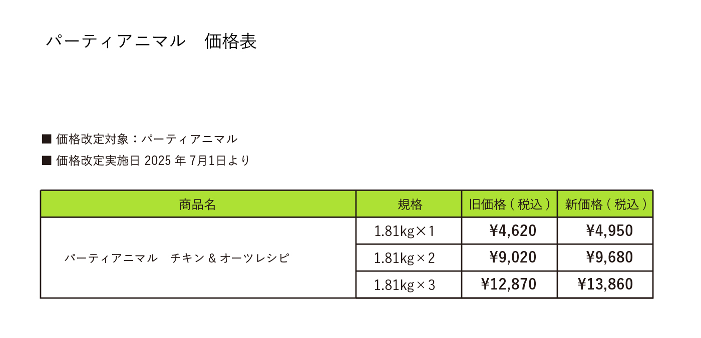 パーティアニマル 価格改定のお知らせ（2025年7月1日より改定）