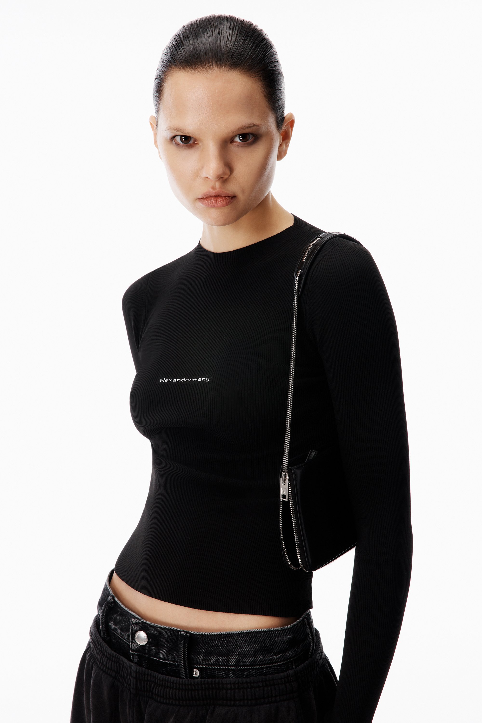 Knit Logo Long Sleeve Tee in BLACK | alexanderwang®