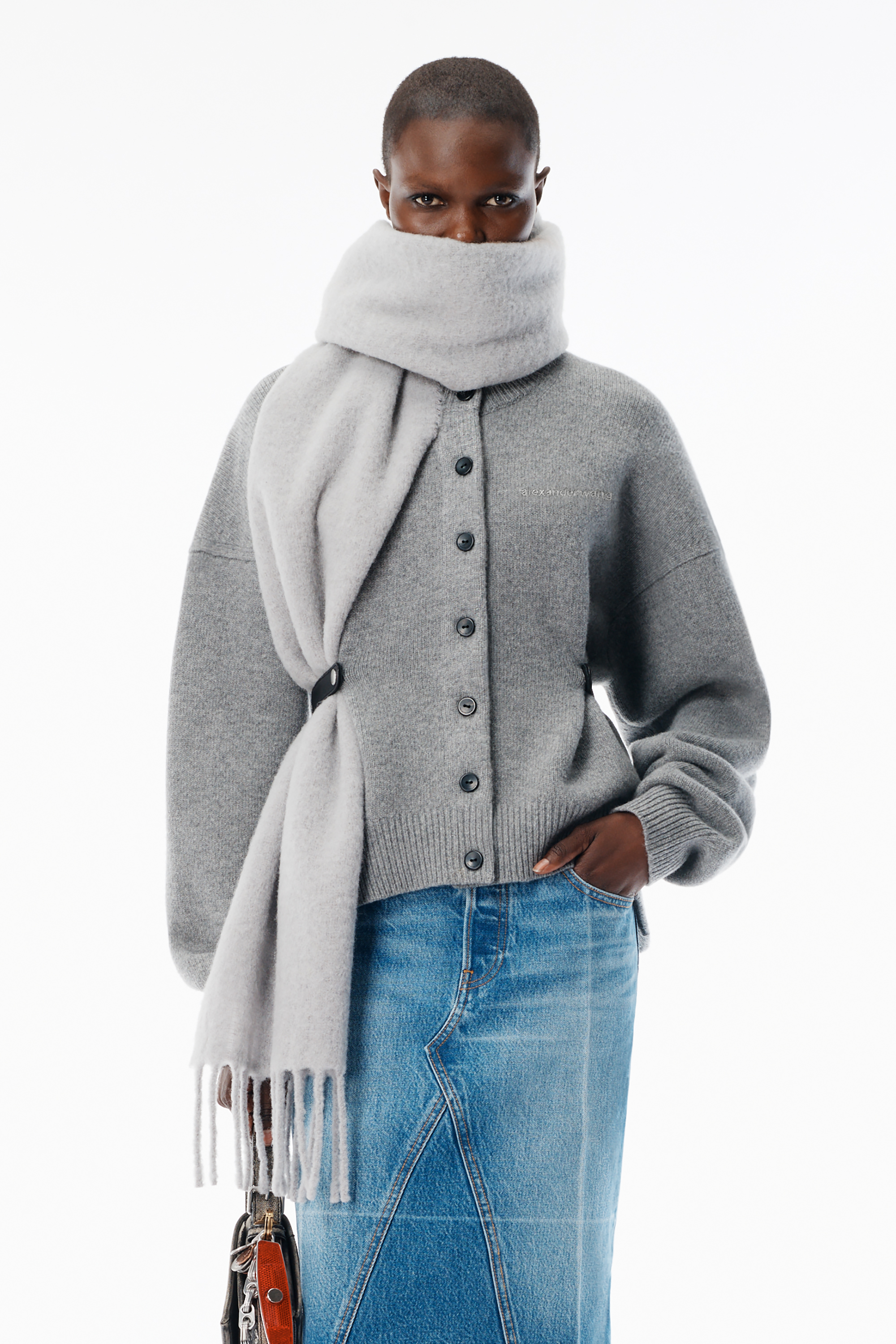 Grey Wool-Cotton Draped Back Cardigan in HEATHER GREY | alexanderwang®
